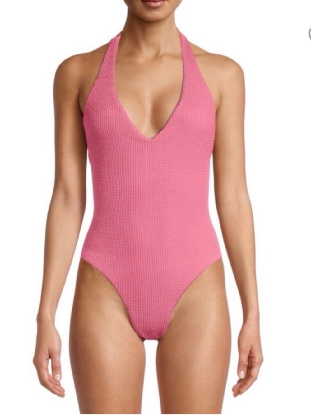 Veronica Beard Salis Halter Ribbed Swimsuit Pink Sherbet small